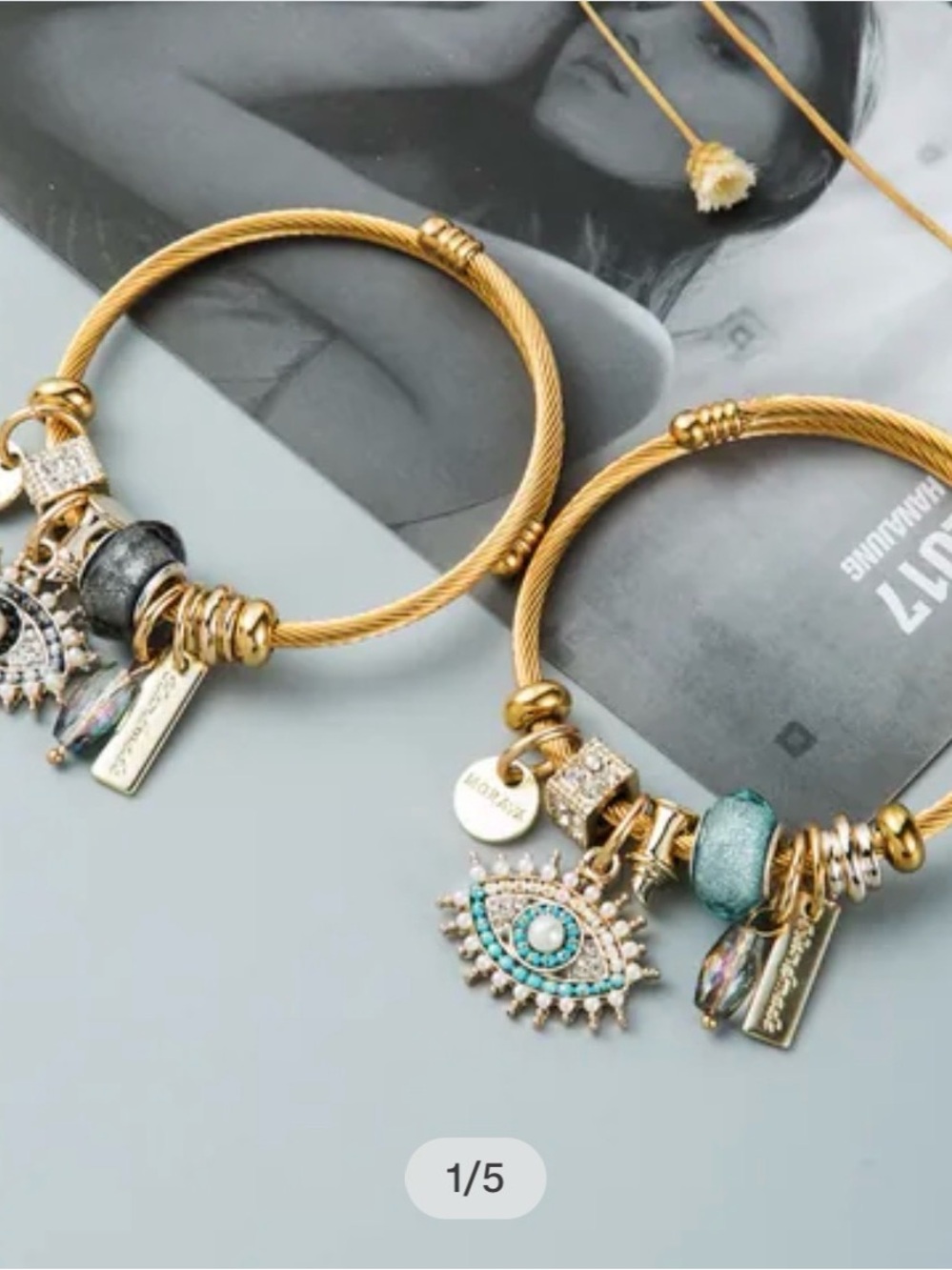 Gold-Tone Evil Eye Charm Bracelet with Turquoise and Pearl Accent